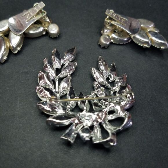 Vintage Albert Weiss Signed Demi-Parure Blue Rhinestone Brooch Pin Earring Set - Picture 9 of 12